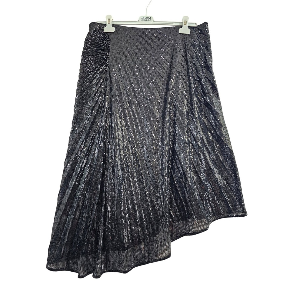 White House Black Market Gatsby Skirt 16 Black Sequin Asymmetric Ruched Midi EUC